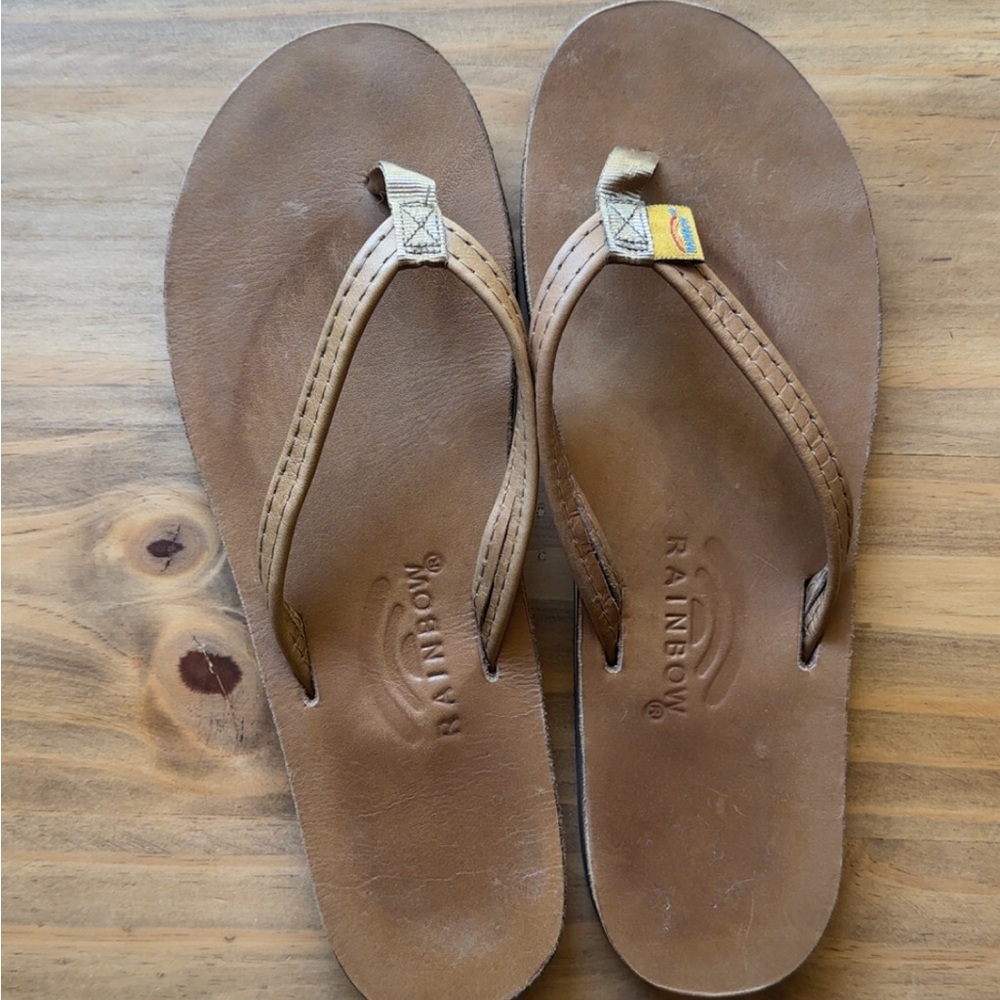 Rainbow Tan Narrow Strap Leather Sandals